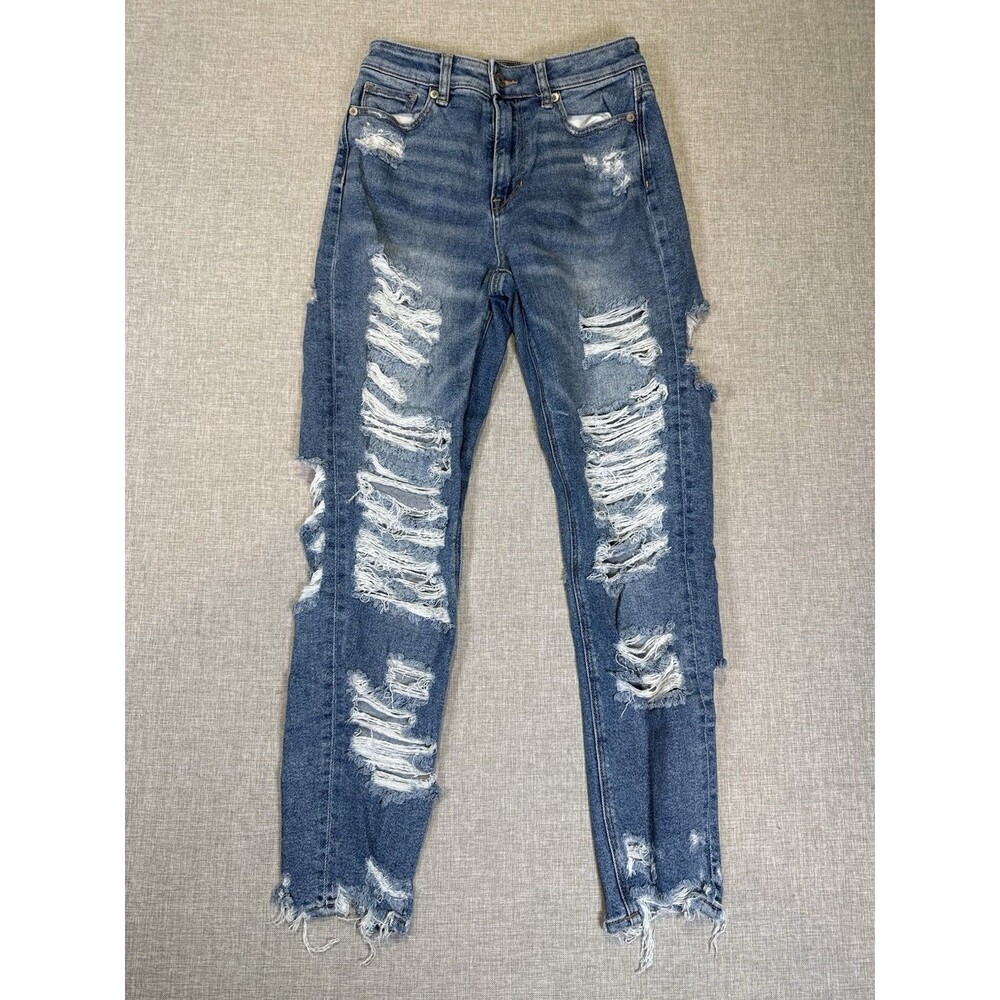 American Eagle Mom Jean Heavily Distressed Ripped Denim High Rise Size 0 Reg